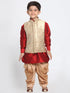VASTRAMAY Boys' Gold Cotton Silk Blend Ethnic Jacket, Maroon Kurta and Dhoti Pant Set